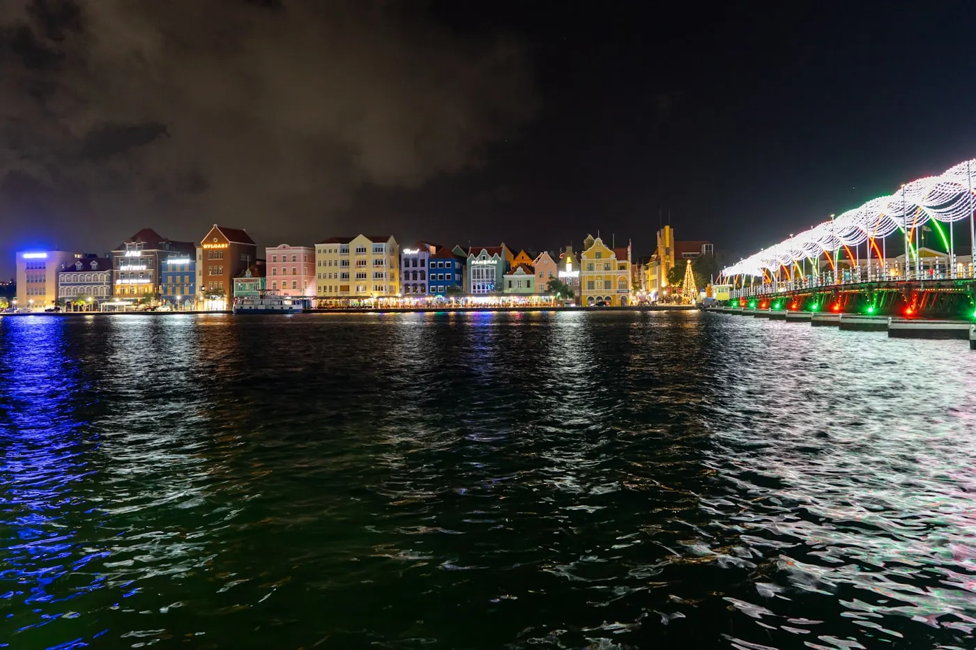 The colourful Willemstad waterfront lit up at night, Curaçao
