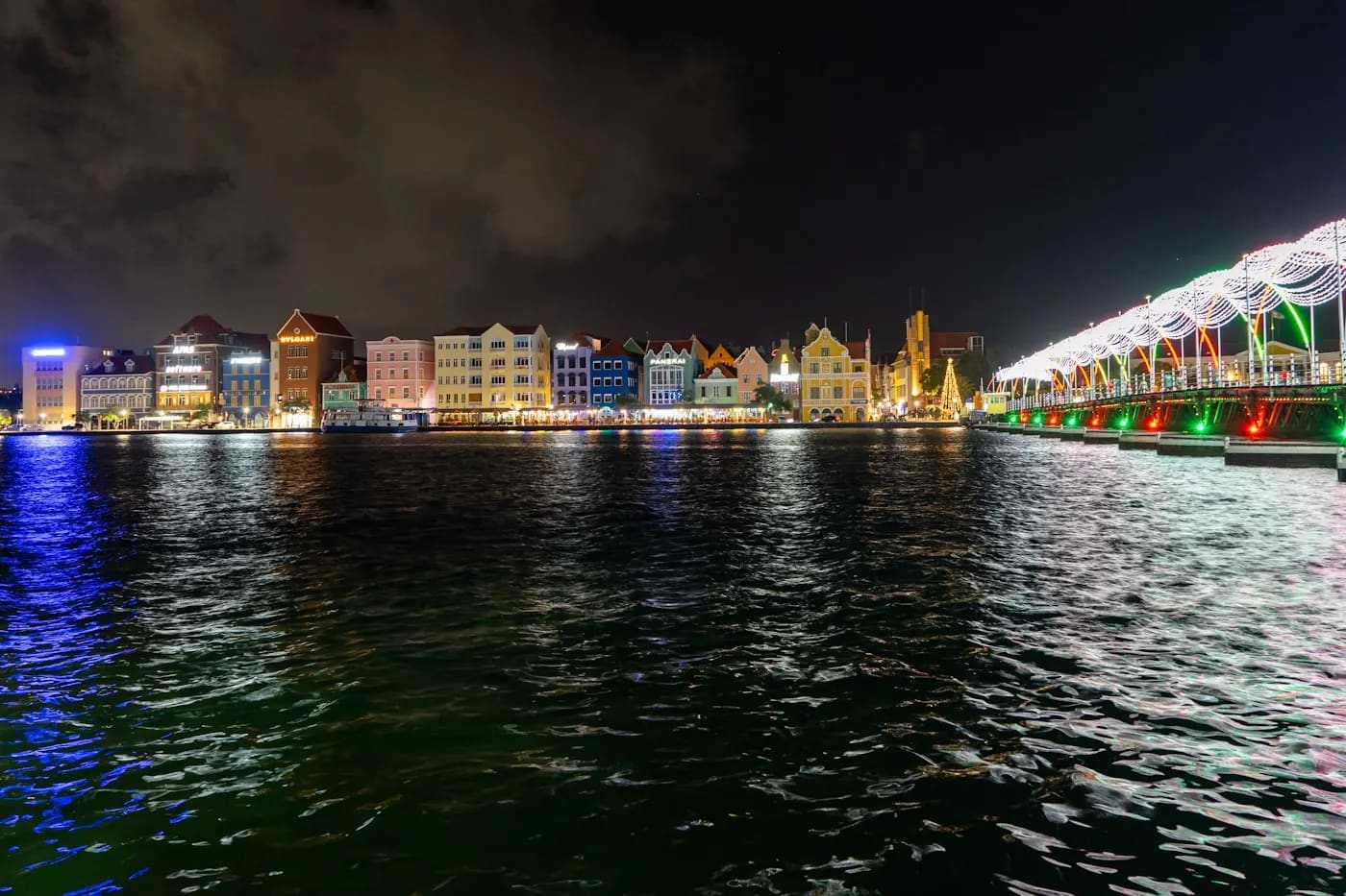 The colourful Willemstad waterfront lit up at night, Curaçao